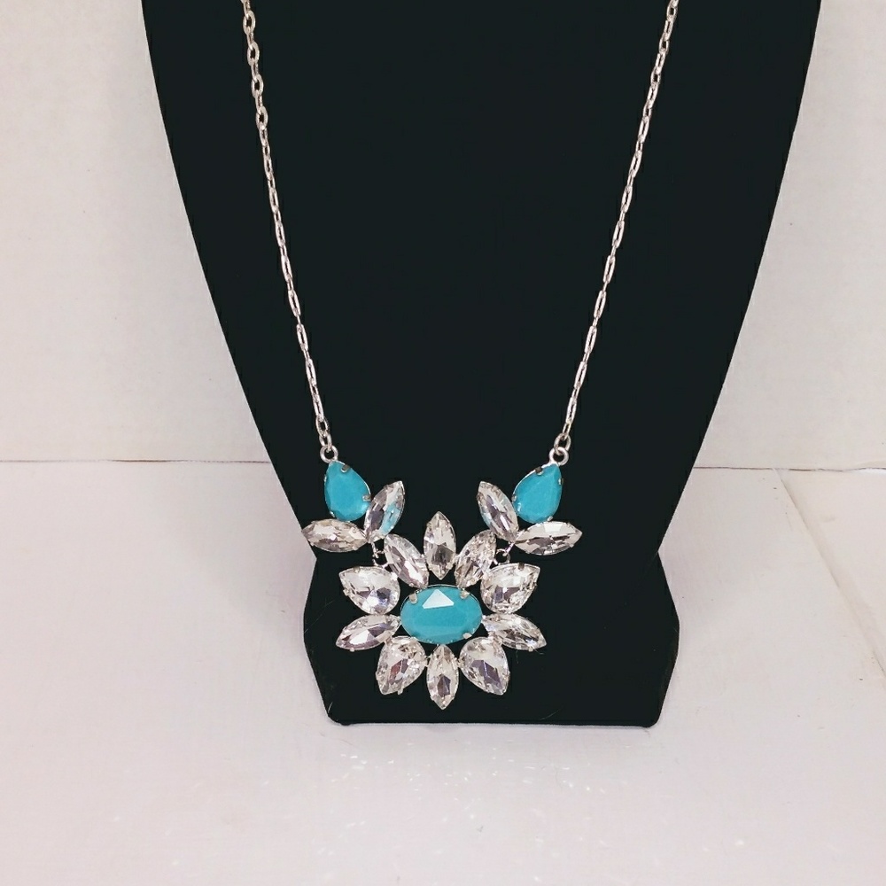 Silver tone clear Crystal and turquoise necklace